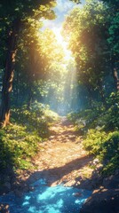 Obraz premium Magical forest adventure enchanted woods digital art lush environment idyllic viewpoint vibrant color palette