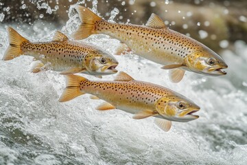 Naklejka premium Three Brown Trout Leaping in a River