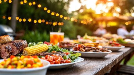 Grilled meats, corn on the cob, and colorful salads create a vibrant summer barbecue feast on a decorated outdoor table