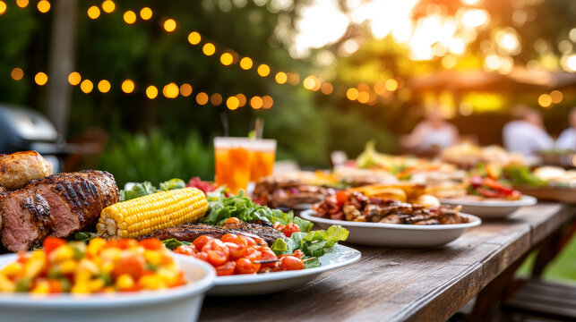 Grilled meats, corn on the cob, and colorful salads create a vibrant summer barbecue feast on a decorated outdoor table