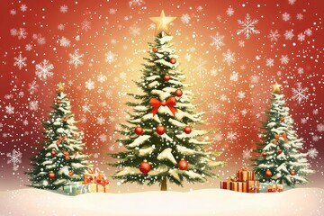 Winter background. Merry Christmas and Happy New Year greeting card with copy space. Christmas landscape with snow and fir trees 