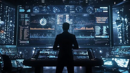 A man is standing in front of a computer monitor with a lot of numbers