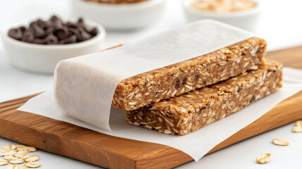 Two homemade granola bars wrapped in parchment paper sit on a wooden cutting board, surrounded by ingredients like oats and chocolate chips