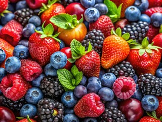 Fototapeta premium Vibrant red berries, plump and juicy, promise a sweet summer treat. Close-up photography reveals their healthy deliciousness.