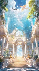 Fototapeta premium Underwater kingdom adventure ocean palace digital art vibrant environment fantasy concept
