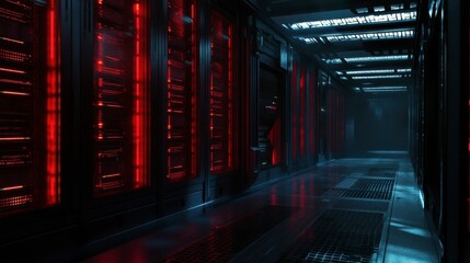 Fototapeta premium Futuristic Data Center Corridor with Glowing Red Lights and High-Tech Servers Creating a Sci-Fi Atmosphere for Technology and Innovation Themes