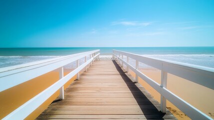 Obraz premium Empty Wooden Boardwalk Leading to the Tranquil Blue Sea on a Sunny Summer Day With Clear Sky