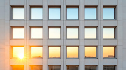 Warm sunset casting a golden glow on the facade of a modern building, highlighting symmetrical windows and reflecting architectural design