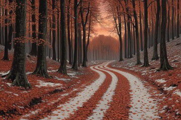 Serpentine Path Through a Snowy Autumn Forest