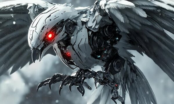 Cyborg hawk with red eyes, roboter bird