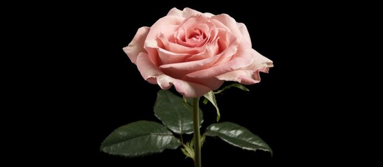 Fototapeta premium Elegant pink rose bloom isolated on black background showcasing natural beauty and delicate petals perfect for floral design or romance themes