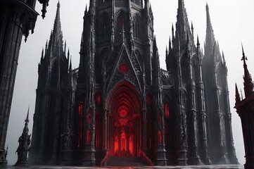 Dark gothic cathedral with red glowing entrance. (1)