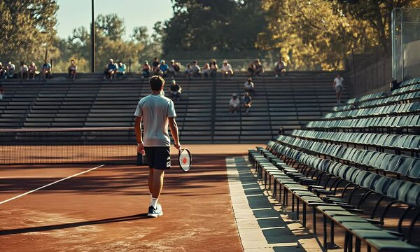 tennis player man walking to side red saibro tennis court bleachers full of people