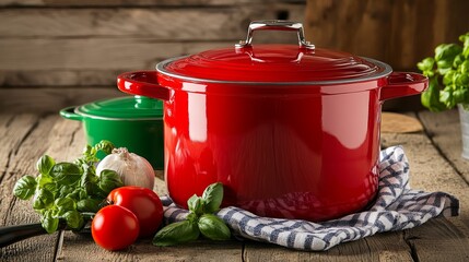 A vibrant red pot sits on a wooden table with fresh vegetables and herbs nearby.