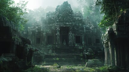 Obraz premium Ancient Stone Temple Entrance Surrounded by Lush Greenery
