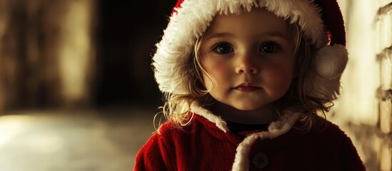 adorable young child dressed in festive Santa costume with fluffy hat posing sweetly in warm holiday ambiance