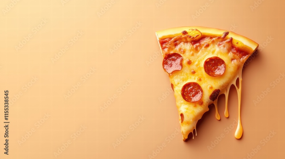 Poster delicious pizza slice with melted cheese and vibrant toppings on a minimalist background. generative