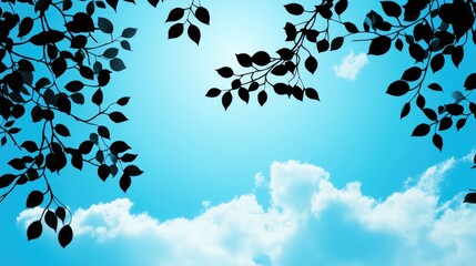 Silhouettes of tree branches and leaves against a bright blue sky with soft clouds creating a serene natural backdrop for designs.