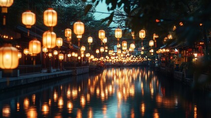 Fototapeta premium Canal lined with lanterns at twilight.