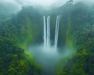 Majestic triple waterfall cascading down lush green cliffs shrouded in mist.