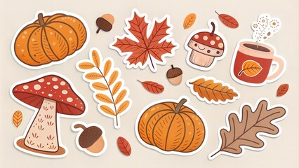 Autumn Themed Sticker Set Featuring Pumpkins, Leaves, Mushrooms, and Cozy Fall Elements