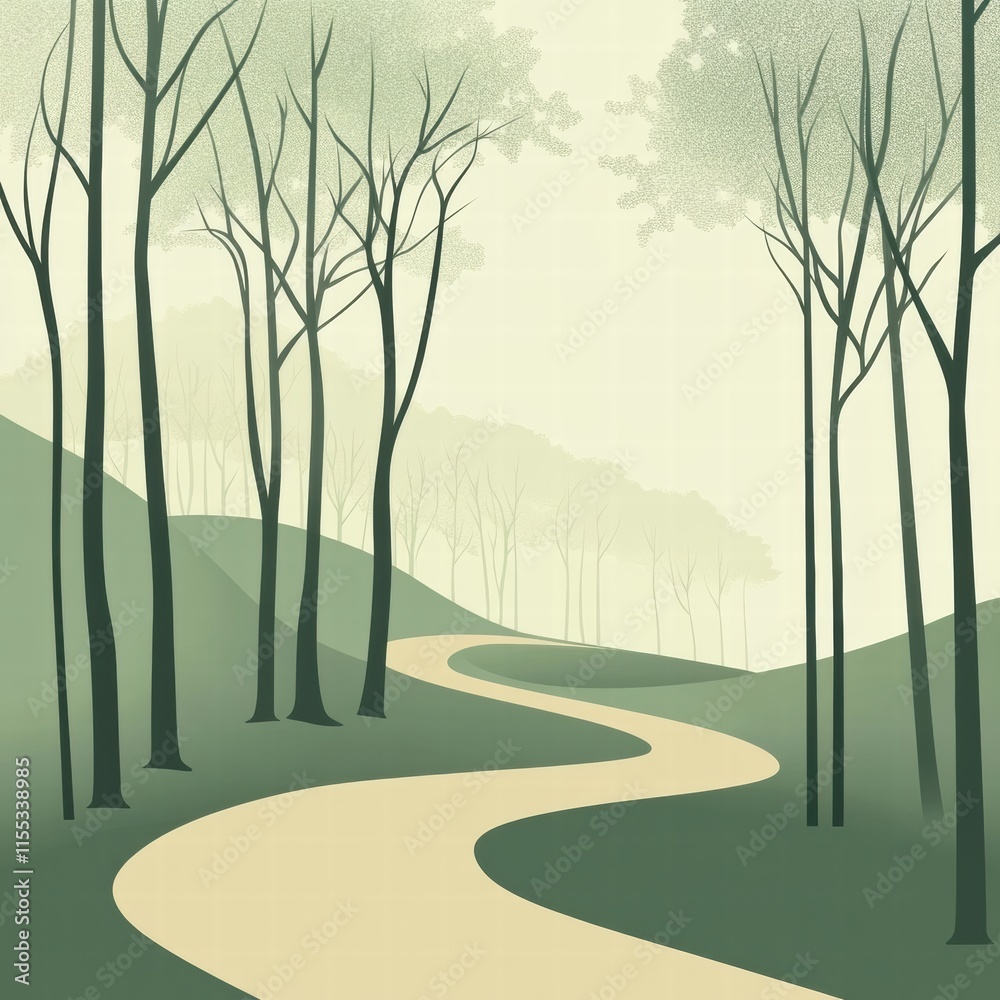 Aufkleber Winding minimalist forest path inviting exploration and tranquility in a serene landscape. Generative AI