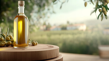 Obraz premium Olive oil bottle placed on a wooden table surrounded by olives in a picturesque orchard under soft sunlight