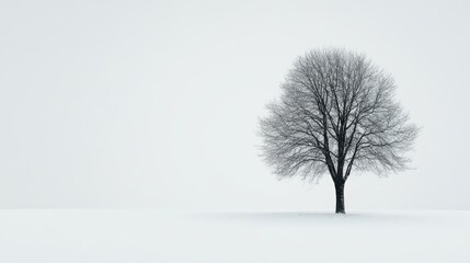 Lonely leafless tree standing in a serene snowy landscape on white background depicting tranquility and solitude in nature.