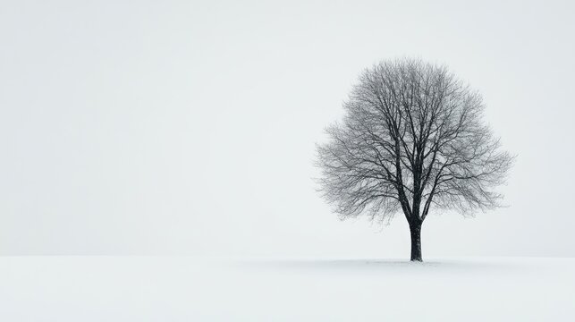 Lonely leafless tree standing in a serene snowy landscape on white background depicting tranquility and solitude in nature.
