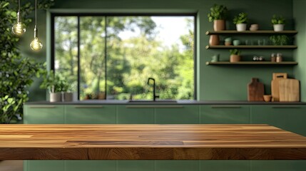 Wooden table top on blur kitchen room background,Modern Contemporary green kitchen room interior 