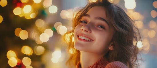 Fototapeta premium Smiling girl in warm sweater celebrating Christmas with festive decorations and lights in the background