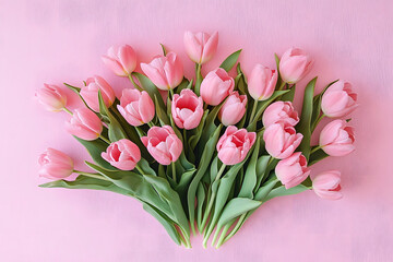Obraz premium Beautiful composition spring flowers. Bouquet of pink tulips flowers on pastel pink background. Valentine's Day, Easter, Birthday, Happy Women's Day, Mother's Day. Flat lay, top view, copy space