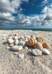 Beach Wallpaper of Close up view of arranged white sea stones and seashells on sand on grey background beach wallpaper summer wallpaper beach background tropical nature  