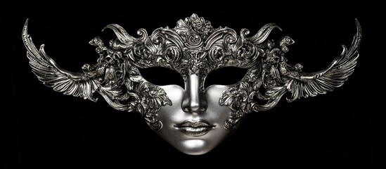 Elegant silver masquerade mask with intricate designs and feathers from the famous Venice Carnival against a black background.