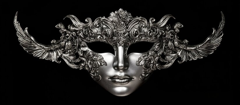 Elegant silver masquerade mask with intricate designs and feathers from the famous Venice Carnival against a black background.