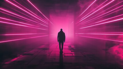 Fototapeta premium Silhouetted Figure Walks Mysteriously Through Vibrant Pink Neon Corridor: Digital Art in a Futuristic Style. AI Generated