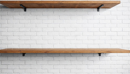 Fototapeta premium Brown wood shelf on a white brick wall background.