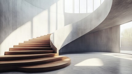 Naklejka premium Contemporary wooden spiral staircase in minimalist setting with natural light and smooth concrete surroundings