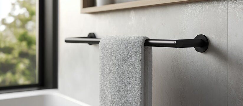 Contemporary matte black stainless steel towel rack enhancing modern bathroom design with sleek lines and minimalist aesthetics