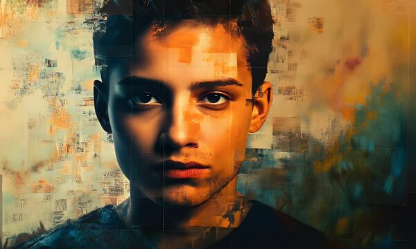 person, who has piece missing from their face in the shape of squares, the missing pieces are slowly moving to fill in the blank spaces, creating a whole person