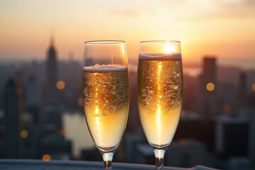 A close-up of sparkling champagne glasses on a rooftop overlooking the city.