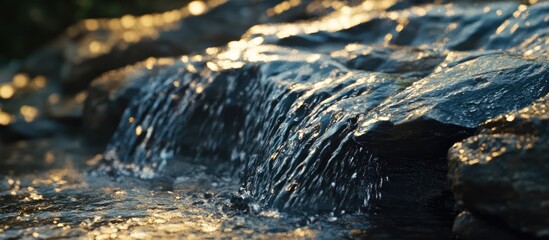 Tranquil cascading waterfall over rocks reflecting sunlight in a serene natural setting