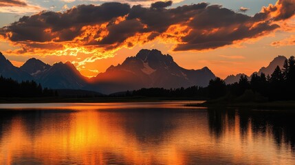 Fototapeta premium Mountain silhouettes reflecting in a tranquil lake during a vibrant sunset with dramatic clouds and warm hues in the sky.