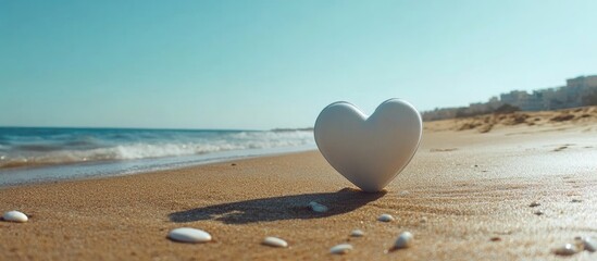 Fototapeta premium Heart shaped object on sandy beach with sea view blank space for love or romantic message mockup background during sunny day