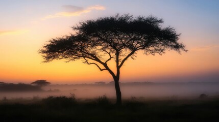 Fototapeta premium Foggy morning silhouette of a solitary tree against a vibrant sunrise landscape in a tranquil natural setting