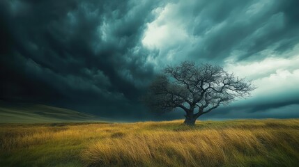 Dramatic landscape featuring a solitary tree against a stormy sky and golden grass fields illustrating nature's beauty and moodiness