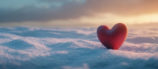 Fototapeta premium Single red heart resting on snow symbolizing love and warmth in a cold winter landscape during a serene sunset.
