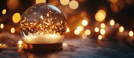 Snow globe illuminated with warm lights on a wooden table creating a cozy festive atmosphere during the winter season