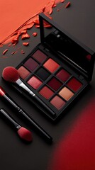 A vibrant makeup palette featuring rich red shades alongside brushes, perfect for creating bold looks.