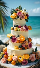 Four-tiered wedding cake with tropical fruit and flowers on beach.